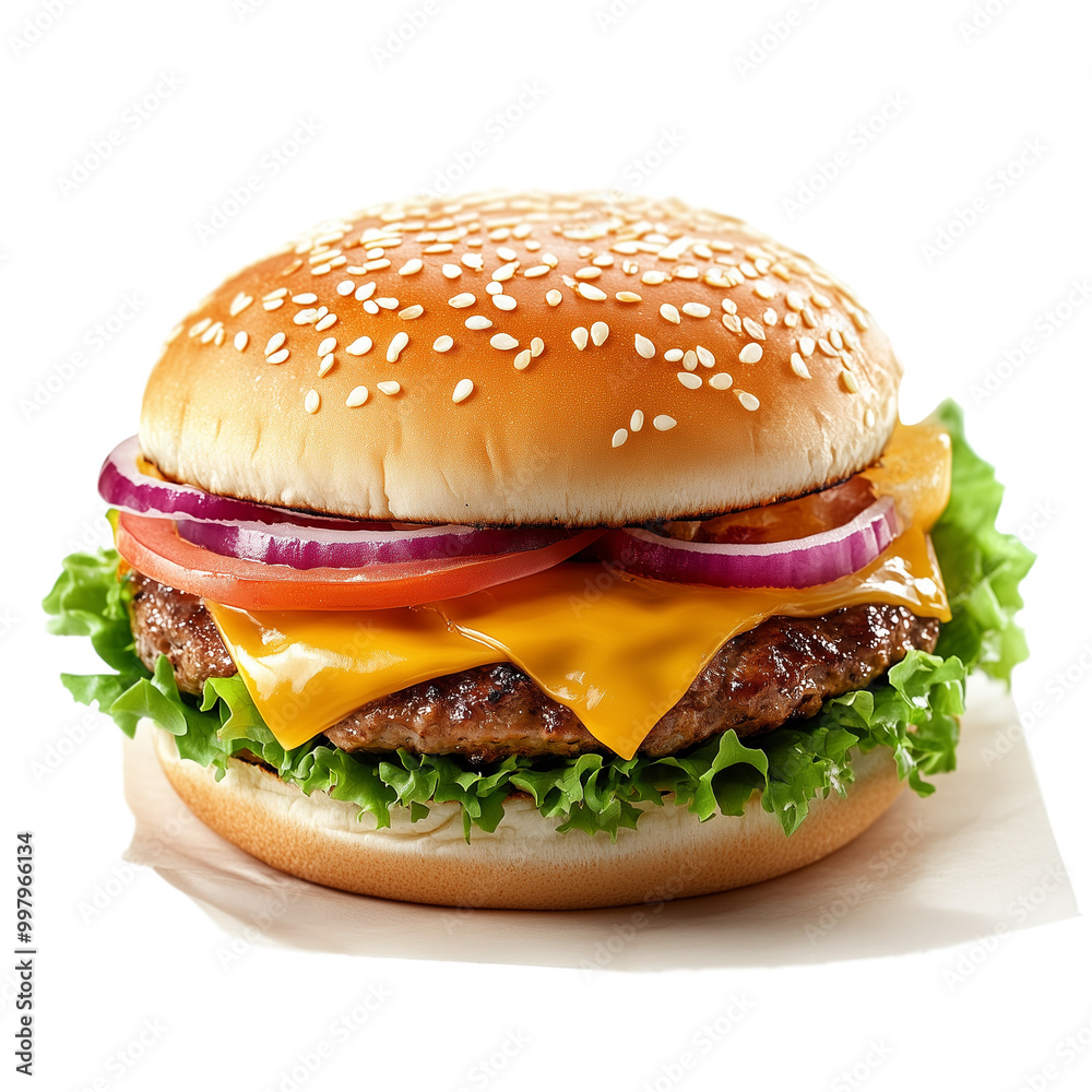 A hamburger with cheese, lettuce, and tomato on a transparent background A hamburger with cheese, lettuce, and tomato on a transparent background