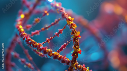 Colorful twisted strands of a DNA model in a macro shot, visually striking and detailed molecular biology, stock photo