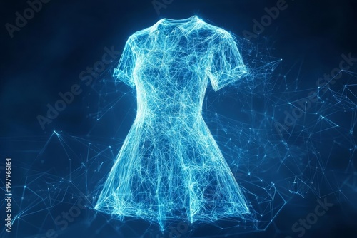 Stylish digital dress design with glowing particles on a dark background.