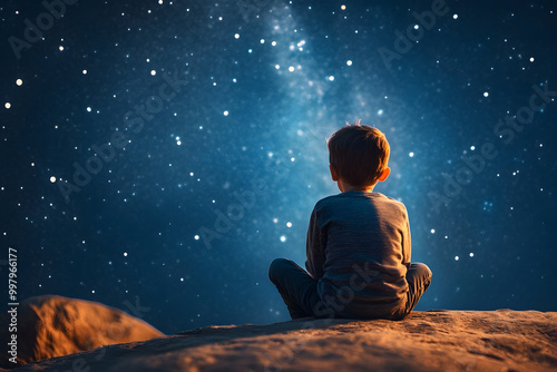  Child stargazing under night sky, young boy looking at stars, wonder and imagination, peaceful moment, outdoor adventure, astronomy fascination, cosmic dreams, night sky exploration, celestial beauty