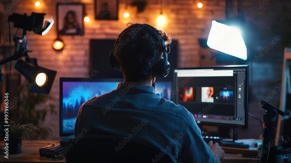 A content creator working on a marketing video, with a camera, lights, and editing software in use A content creator working on a marketing video, with a camera, lights, and editing software in use