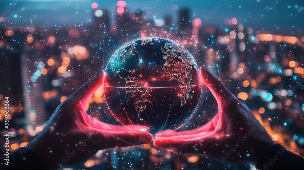 Close up of hands pointing at glowing globe hologram on blurry night city background. World map, connect and earth concept. Double exposure Close up of hands pointing at glowing globe hologram on blurry night city background. World map, connect and earth concept. Double exposure