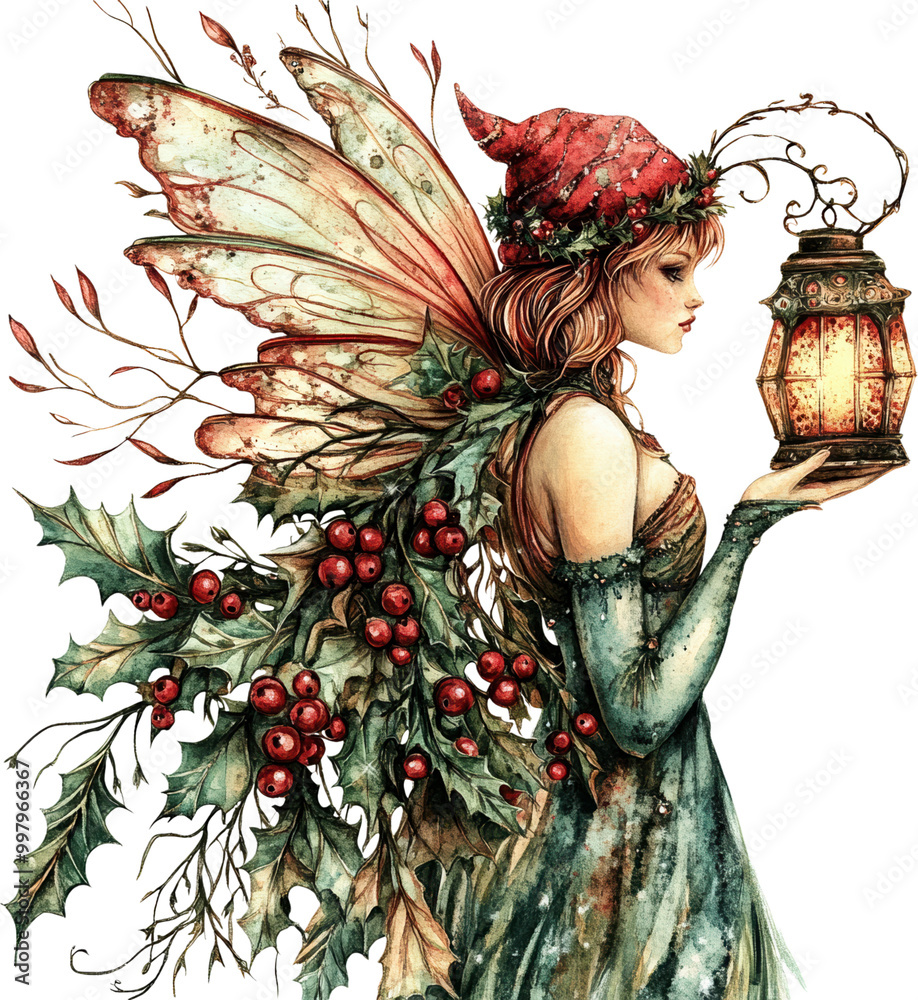 Fototapeta premium Fairy in Green Dress Holding Lantern with Holly Wings