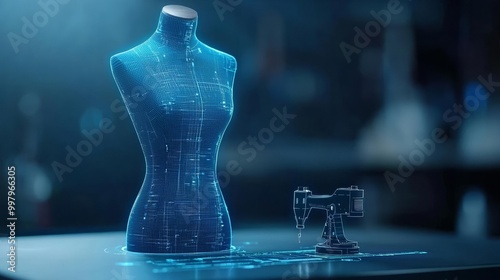 Stylish virtual tailor's dummy with a sewing machine, futuristic design, creative workshop. photo