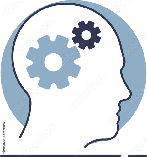 Silhouette of a head with gears inside, symbolizing cognitive processes and mental functions.