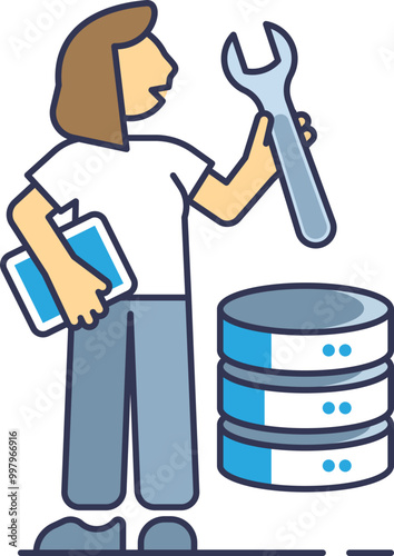 Illustration of a data engineer holding a wrench and a tablet, standing next to a database, symbolizing data management and engineering.