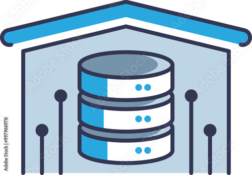 Illustration of a data warehouse with stacked databases symbolizing data storage and management.