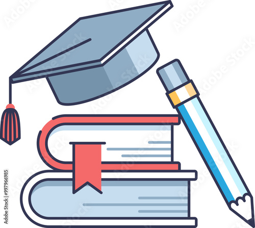 Graduation cap, books, and pencil symbolizing education, learning, and academic achievement.