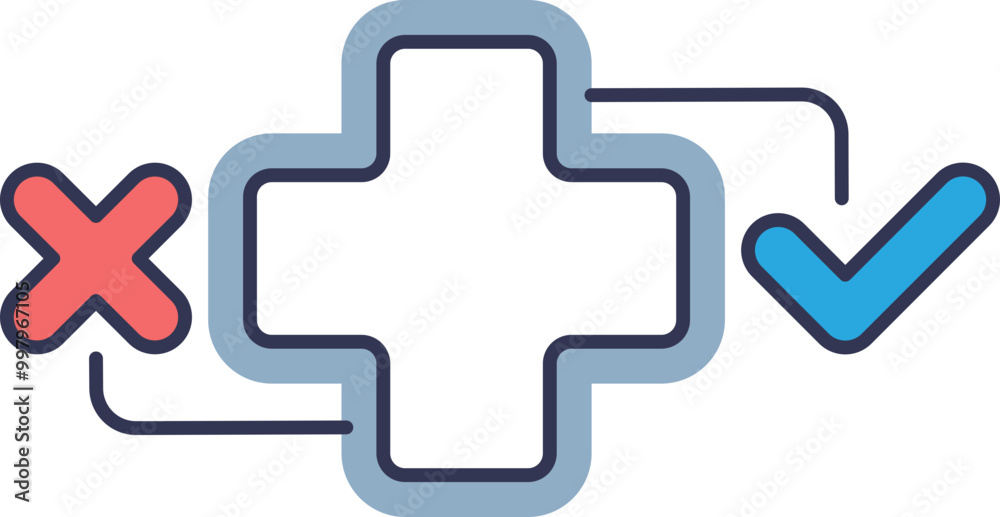 Healthcheck concept with a medical cross, red X, and blue checkmark symbolizing correct and incorrect health choices. Healthcheck concept with a medical cross, red X, and blue checkmark symbolizing correct and incorrect health choices.