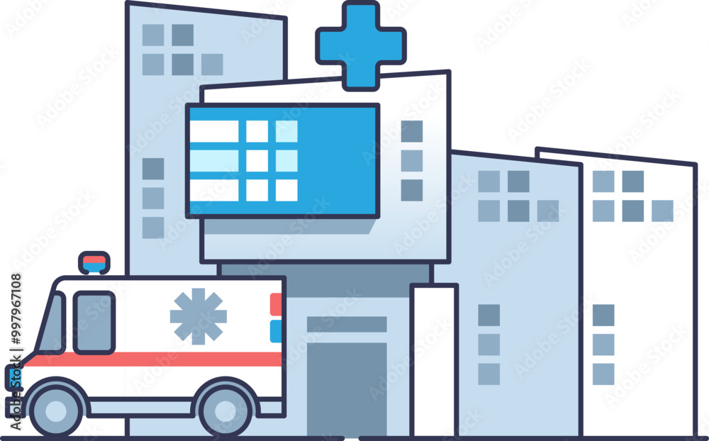 Illustration of a hospital building with an ambulance parked outside, symbolizing emergency medical services. Illustration of a hospital building with an ambulance parked outside, symbolizing emergency medical services.
