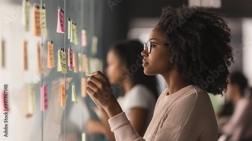 engaging image of a team of women writing on sticky notes attached to a glass surface, collaborating on a project schedule while sharing ideas and strategies, showcasing a vibrant