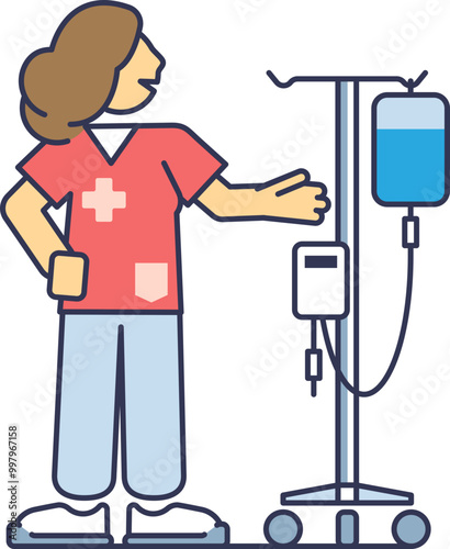 Illustration of a nurse in scrubs standing next to an IV stand, symbolizing healthcare and patient care.