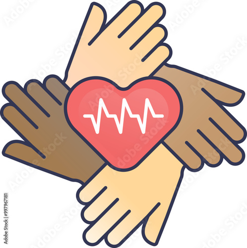 Four diverse hands surrounding a heart with a heartbeat line, symbolizing unity in racial and ethnic health.