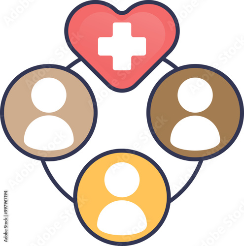 Illustration of interconnected people with a heart and cross symbol, representing community health and collaboration.