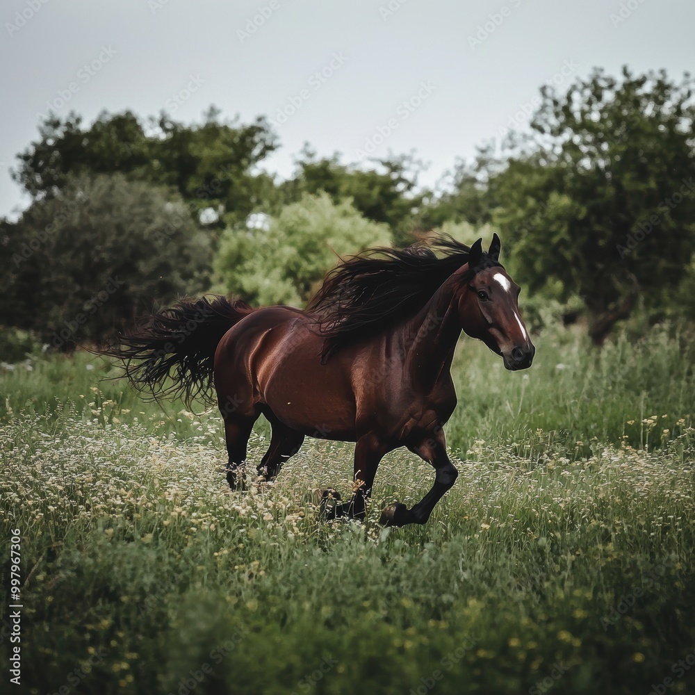 Galloping Horse in Lush Meadow with Flowing Mane Galloping Horse in Lush Meadow with Flowing Mane