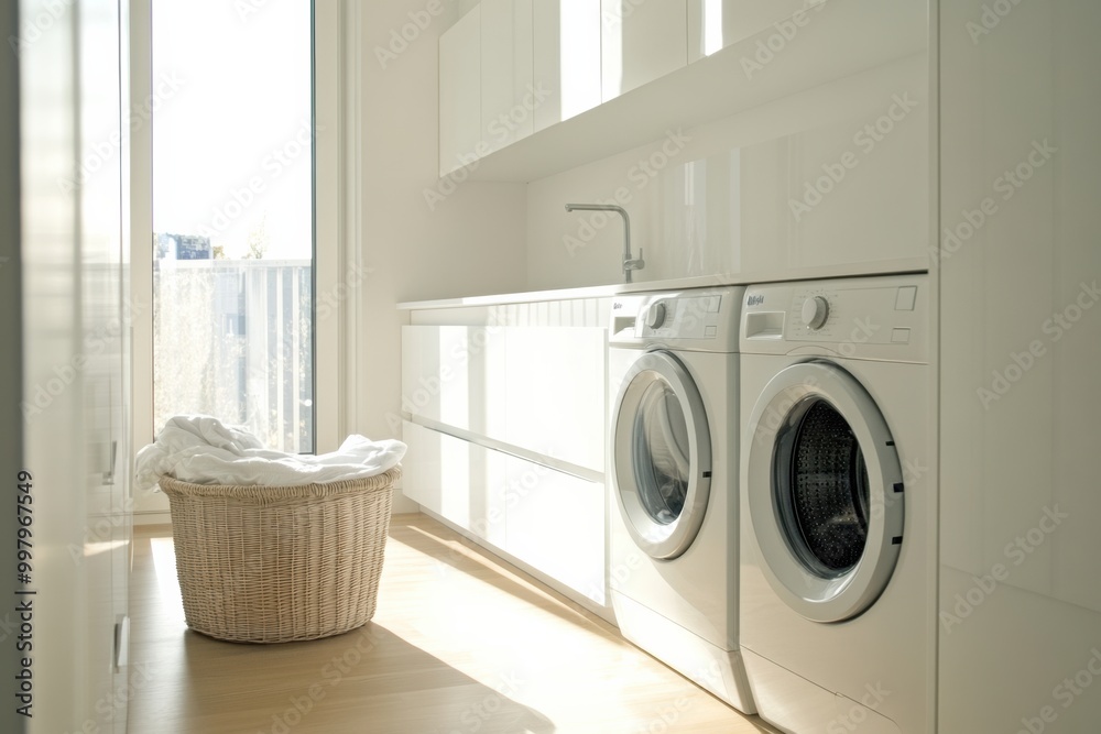 This laundry room showcases built-in machines, stylish white cabinets, and a basket of freshly laundered clothes in a bright space. Generative AI This laundry room showcases built-in machines, stylish white cabinets, and a basket of freshly laundered clothes in a bright space. Generative AI