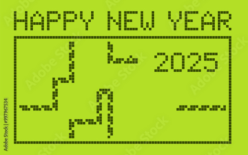 2025 Happy new year retro poster. Pixel snake game on green screen