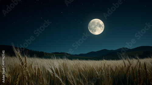 Harvest Moon Shining Brightly Over Rolling Fields of Wheat photo