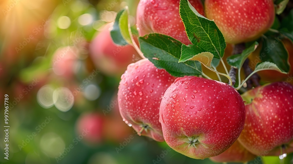 Cluster of ripe, red apples hanging from a tree branch Cluster of ripe, red apples hanging from a tree branch