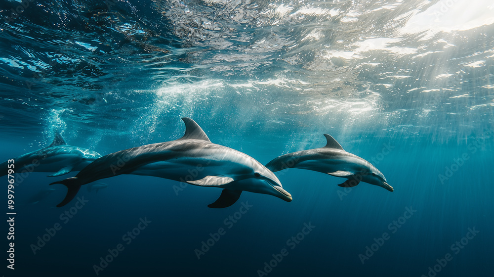 Fototapeta premium Dolphin Pod Swimming Together in Harmony Underneath the Blue Waves