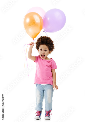 Balloons, scream and portrait of child in studio for birthday party, celebration or fun with event. Smile, decoration and girl kid from Germany with flying inflatable accessory by white background.