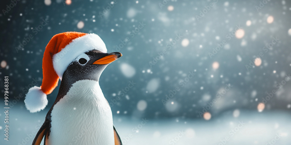 Fototapeta premium close up of penguin wearing Santa hat, standing in snowy environment, evokes festive and cheerful atmosphere. snowflakes gently fall around, enhancing wintery scene