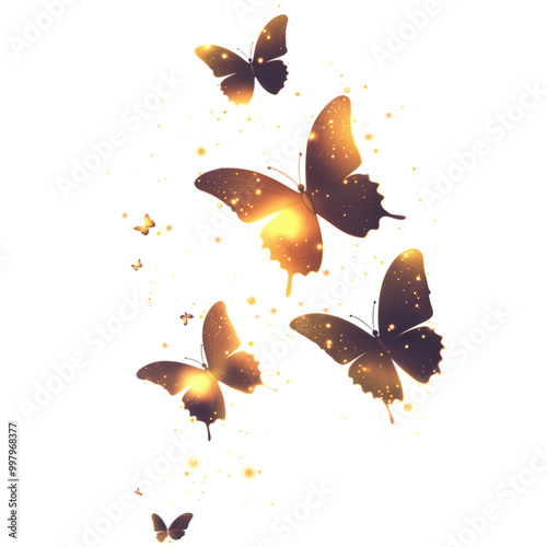 Gold glowing butterflies, transparent background