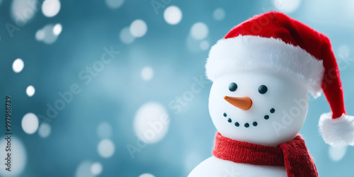 cheerful snowman wearing Santa hat and red scarf stands against snowy blue background, evoking joy of winter season