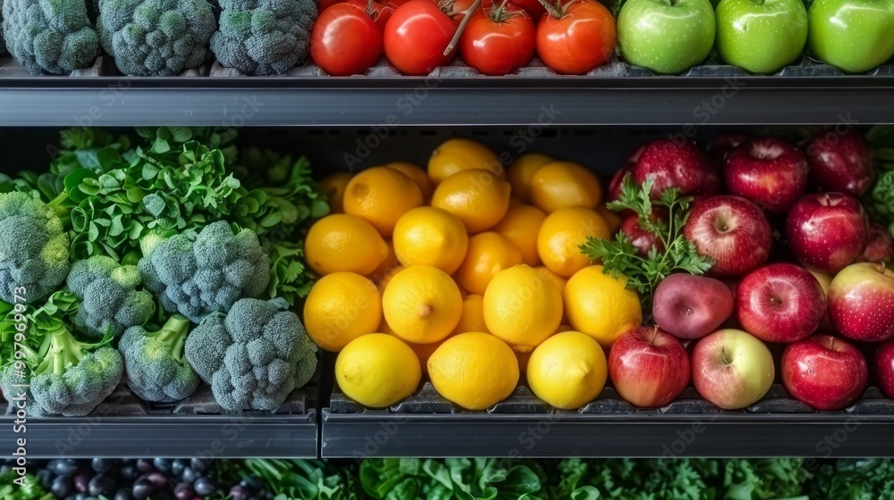 Colorful fruits and vegetables in the produce section of the grocery store Colorful fruits and vegetables in the produce section of the grocery store