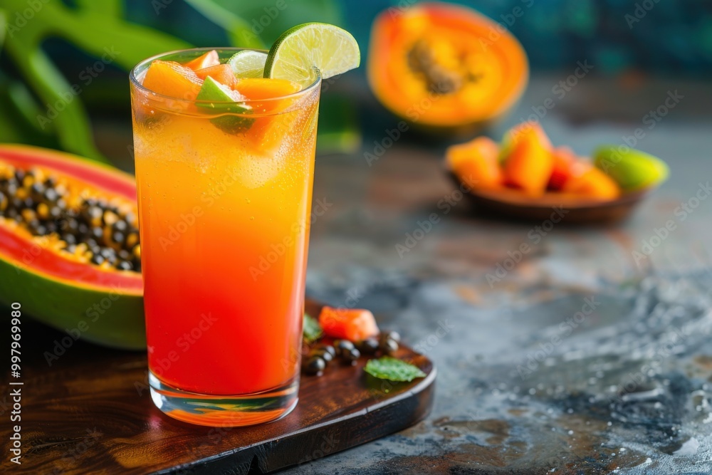 Fototapeta premium Papaya Tequila Sunrise with papaya chunks and lime, served in a tall glass, tropical setting, copy space