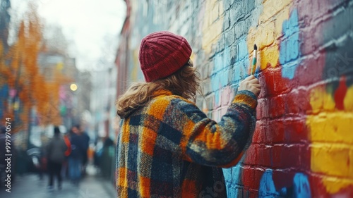 Artist painting vibrant mural on urban wall in colorful attire and knitted hat.