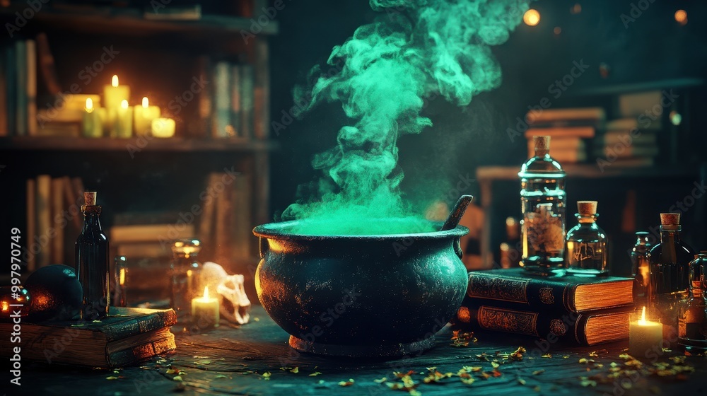Bewitching Halloween Potion: Cauldron with Green Mist, Spell Books, Potion Bottles, and Candles Bewitching Halloween Potion: Cauldron with Green Mist, Spell Books, Potion Bottles, and Candles