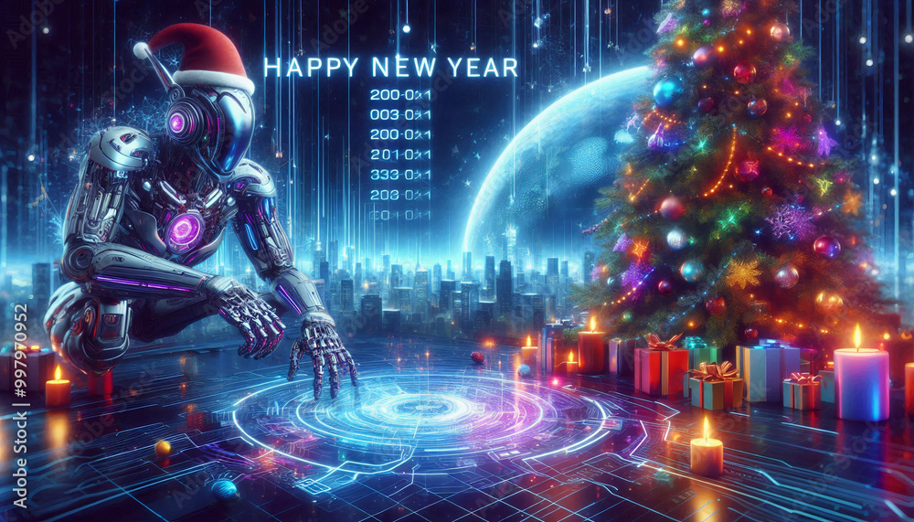 A vibrant sci-fi illustration of a robot in a Santa hat celebrating New Year beside a decorated Christmas tree, blending futuristic elements with festive traditions A vibrant sci-fi illustration of a robot in a Santa hat celebrating New Year beside a decorated Christmas tree, blending futuristic elements with festive traditions