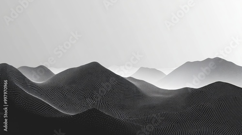 Abstract grayscale vector halftone dotting representing a mountain range. The dots are fading into the distance, creating a layered effect.