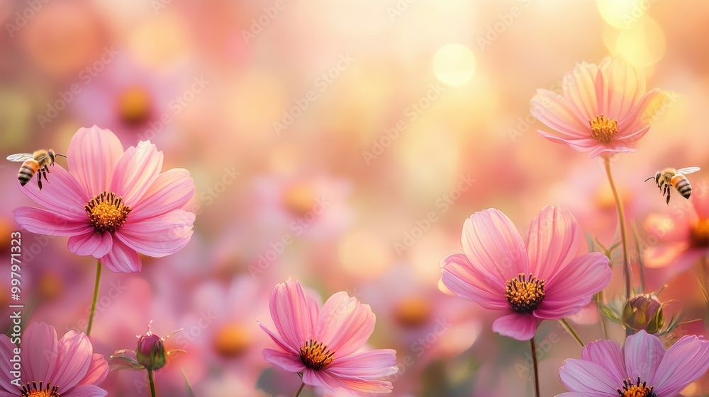 Beautiful pink cosmos flowers in a soft focus garden setting.