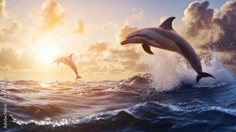 Fototapeta premium Dolphins Leaping in Ocean at Sunrise