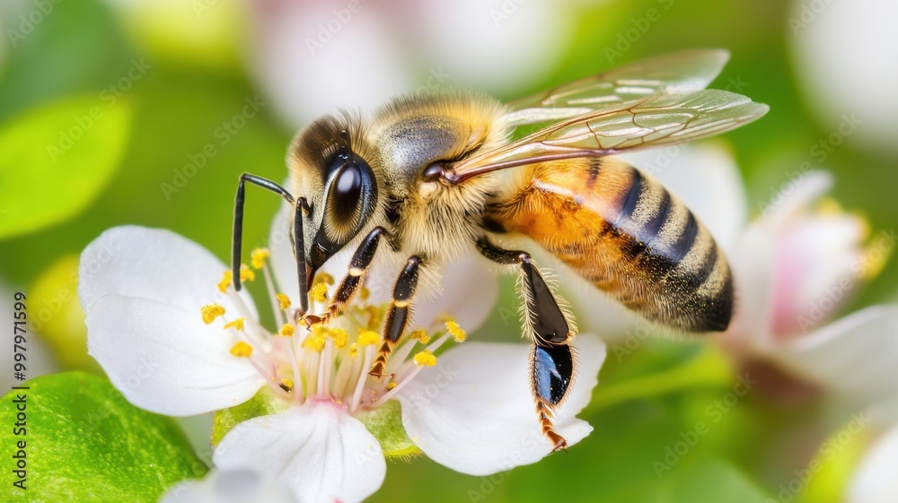 Bee collecting nectar from beautiful white flower in nature. Bee collecting nectar from beautiful white flower in nature.