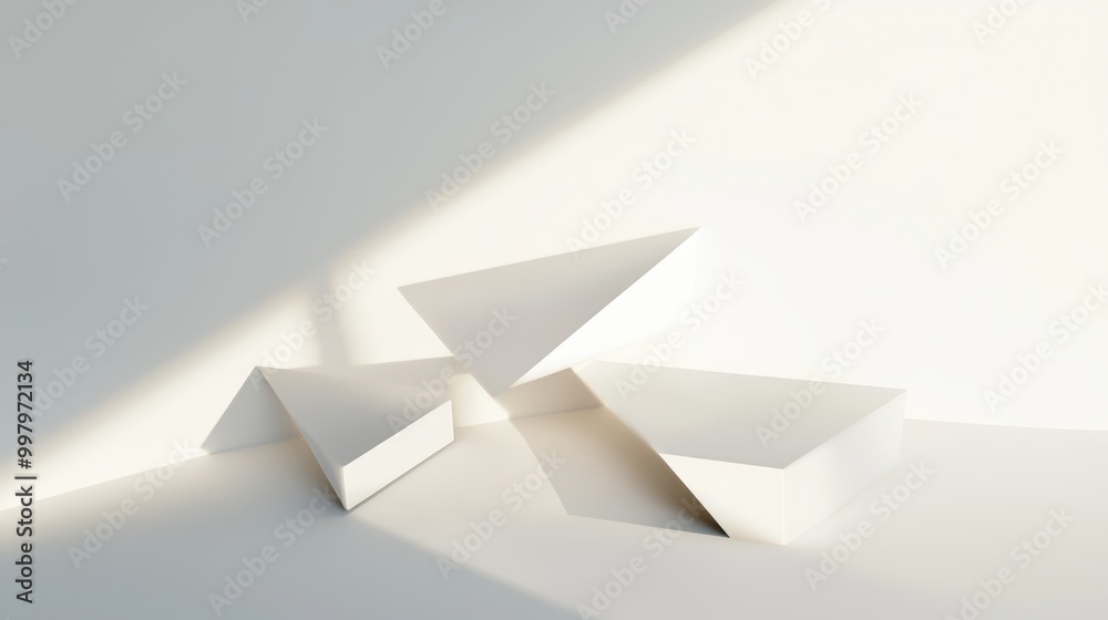 Minimalist Floating Triangular Podiums in Soft Light