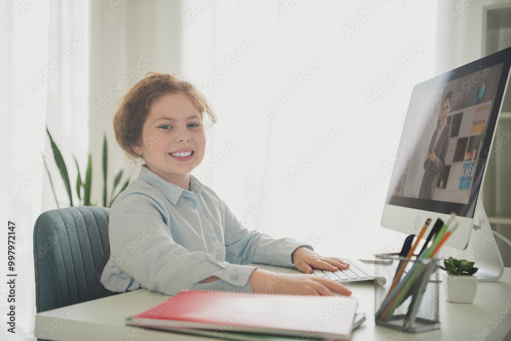 Photo of charming cute funny girl learner wearing uniform studying from home computer lesson flat daylight indoors Photo of charming cute funny girl learner wearing uniform studying from home computer lesson flat daylight indoors