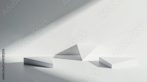 Minimalist Floating Triangular Podiums in Soft Light