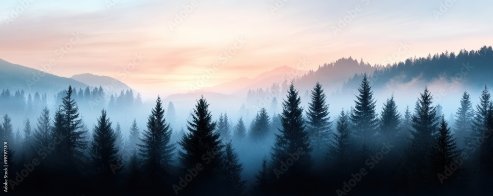 Obraz premium A tranquil forest scene at dawn, featuring mist-covered trees and a soft pastel sky illuminating the horizon.