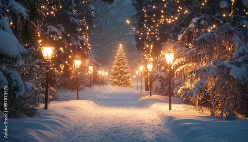 A snowy path lined with glowing lampposts leads to a Christmas tree in a winter forest.