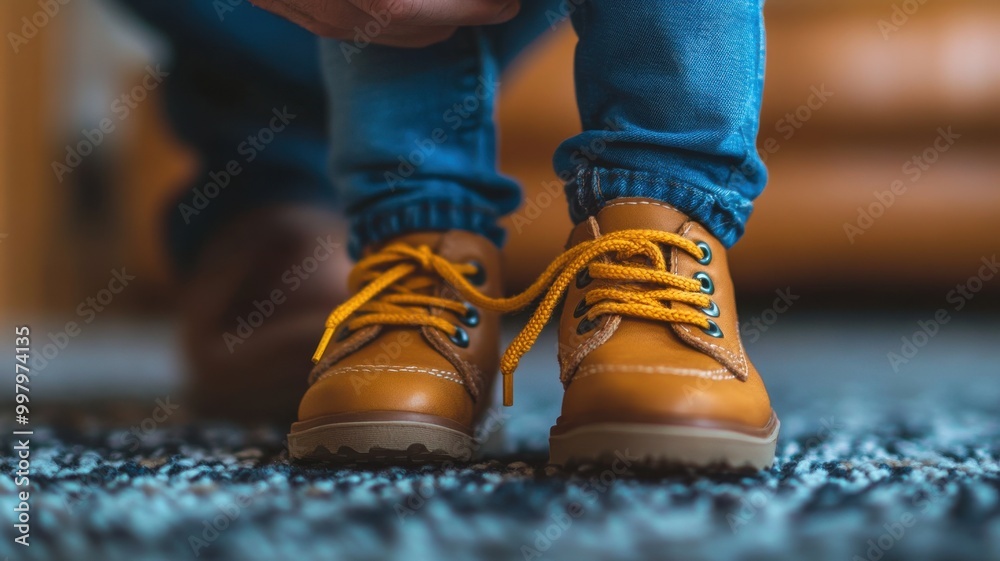 Child wearing stylish yellow laced shoes, indoors on a cozy rug. Child wearing stylish yellow laced shoes, indoors on a cozy rug.