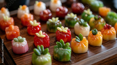 Close-up of 'Luk Chup,' miniature Thai fruit-shaped mung bean desserts, with intricate details and glossy finish, arranged on a wooden tray photo