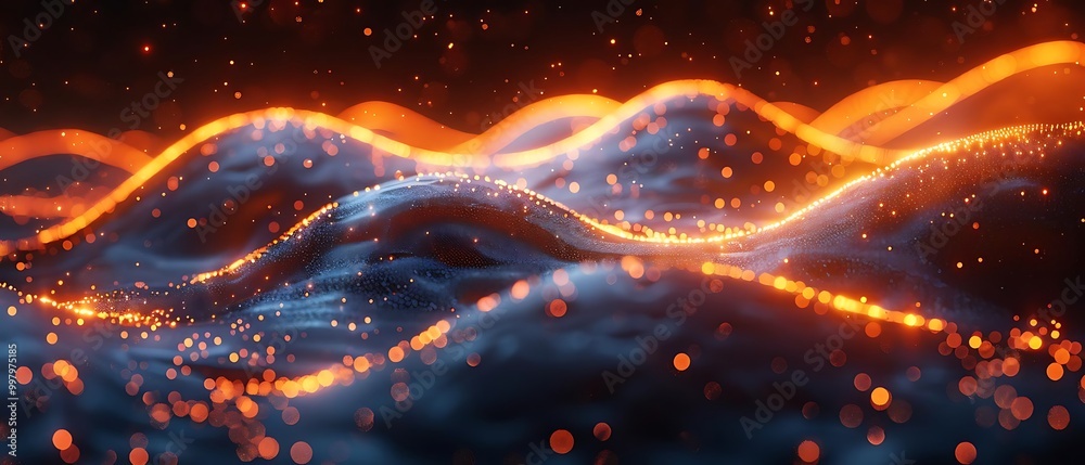 A vibrant, abstract representation of flowing waves with glowing elements. A vibrant, abstract representation of flowing waves with glowing elements.