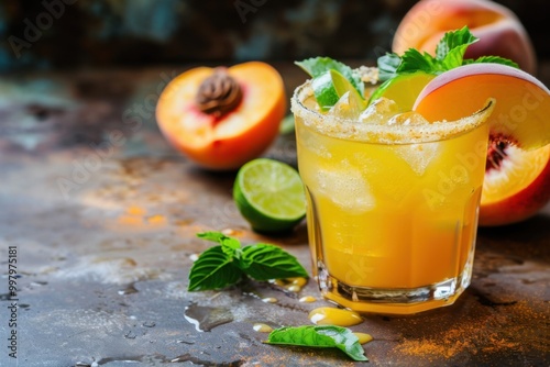 Peach Margarita with peach slices and lime, served in a stylish glass, rustic background, copy space