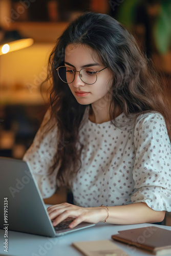 young girl working on a laptop, using computer for study and job tasks