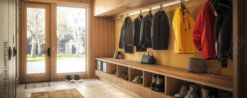 A mudroom with a decontamination station that sanitizes outdoor clothing and shoes, equipped with air purification and automatic laundry integration