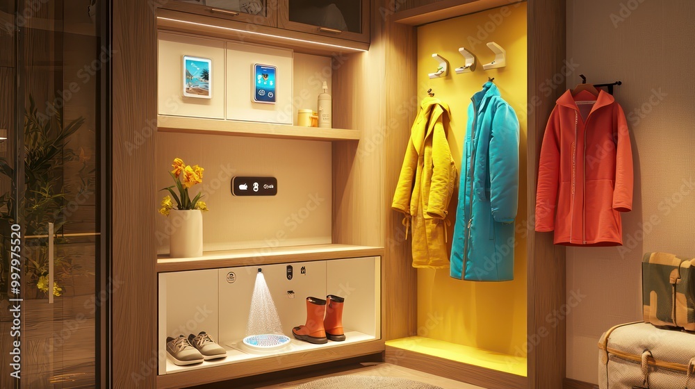 A mudroom with a smart cleaning station that automatically washes and dries shoes and coats upon entry, reducing dirt and allergens indoors A mudroom with a smart cleaning station that automatically washes and dries shoes and coats upon entry, reducing dirt and allergens indoors