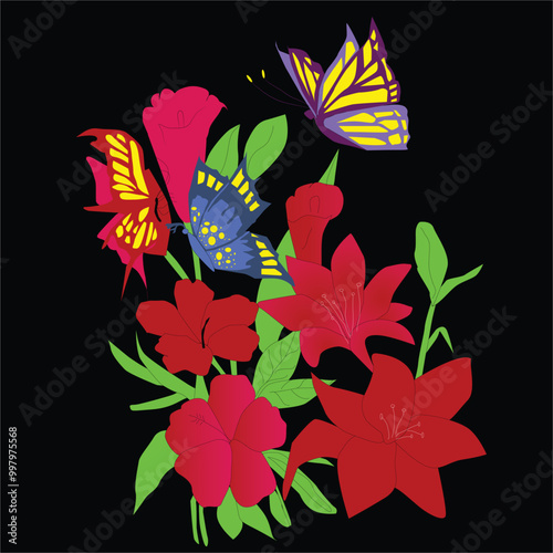 Beautiful vector illustration of three colorful butterflies sucking nector from the red flowers on a black background.Wall hanging photo,art work,book cover design,print design etc.